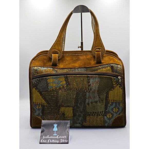 Vintage French Company Patchwork Suede Leather Travel Handbag Sz L 2710 - Picture 7 of 16